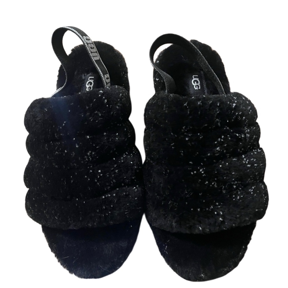 UGG Black Fuzzy Slippers with Glitter Accents